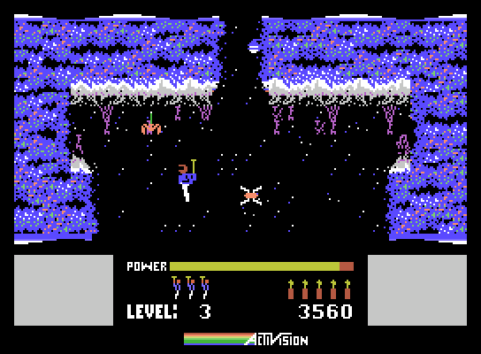 H.E.R.O. ColecoVision Screenshot: Flying around some cave creatures...