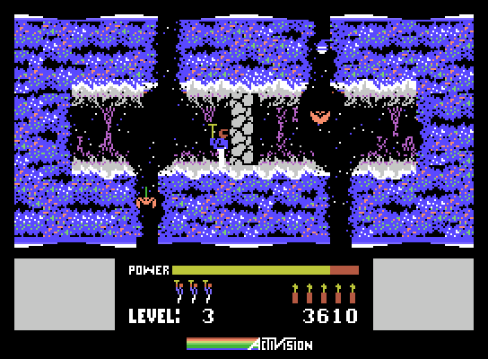 H.E.R.O. ColecoVision Screenshot: Use bombs to blow up these walls...