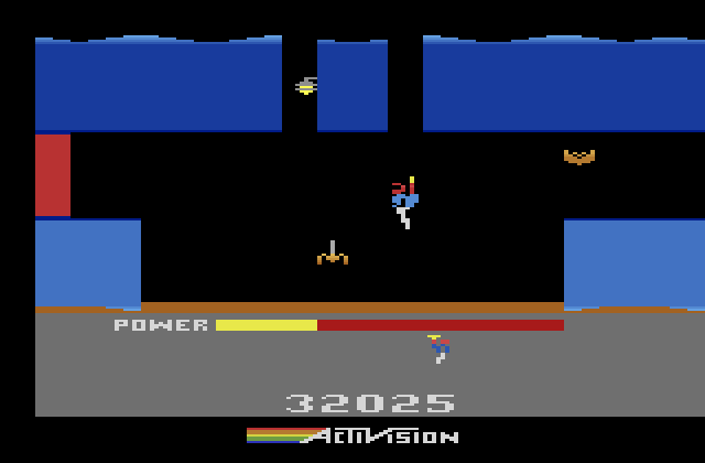 H.E.R.O. Atari 2600 Screenshot: Hovering; don't land in the lava!
