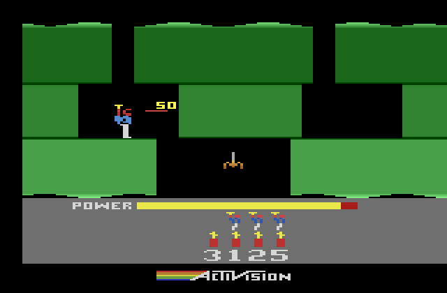 H.E.R.O. Atari 2600 Screenshot: Use the laser to blast creatures.