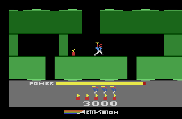H.E.R.O. Atari 2600 Screenshot: Levels become trickier and dynamite is needed to blow up walls.