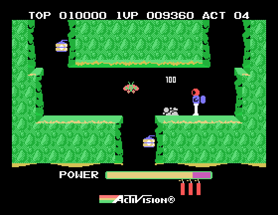 H.E.R.O. Sega SG-1000 Screenshot: 100 points earned for blowing up a wall!