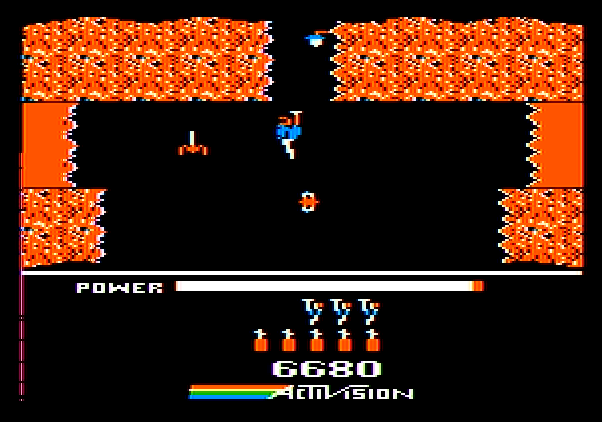 H.E.R.O. Apple II Screenshot: Avoid the cave creatures when flying.