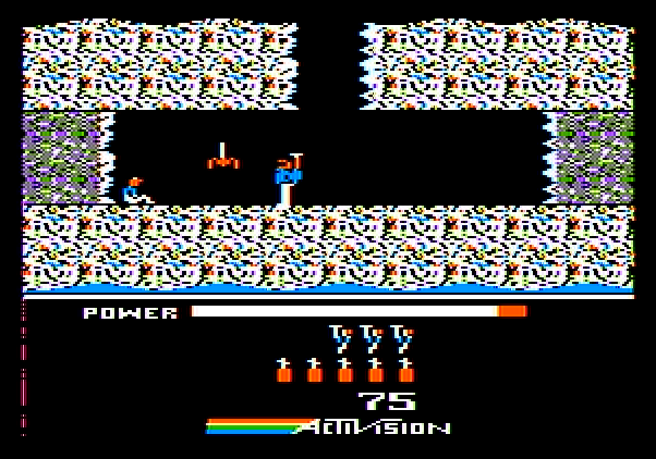 H.E.R.O. Apple II Screenshot: The first level is short; here's the trapped miner you are trying to rescue.