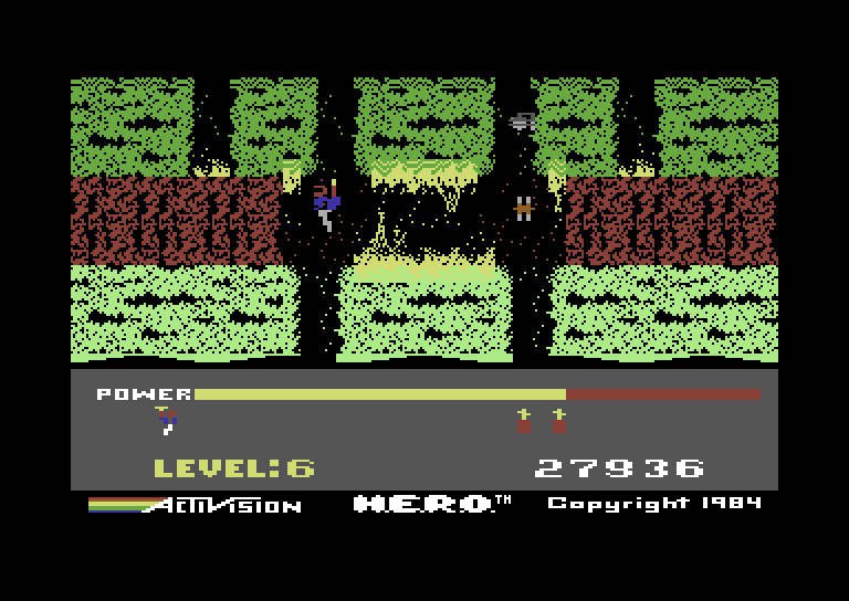 H.E.R.O. Commodore 64 Screenshot: Be careful, don't touch the magma walls.