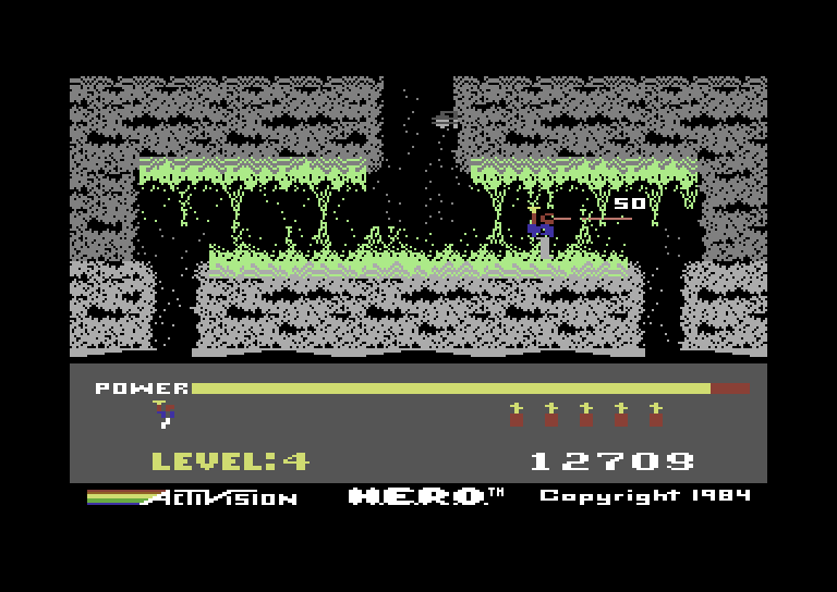 H.E.R.O. Commodore 64 Screenshot: Destroyed a creature for 50 points.
