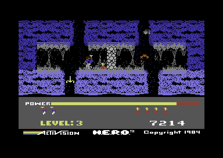 H.E.R.O. Commodore 64 Screenshot: Use dynamite to blast through walls.