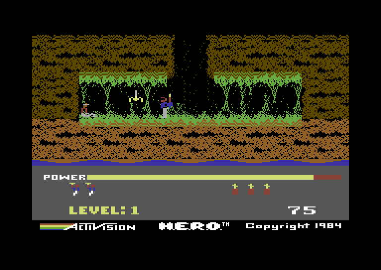 H.E.R.O. Commodore 64 Screenshot: The first level is short; here's the trapped miner you're trying to rescue.