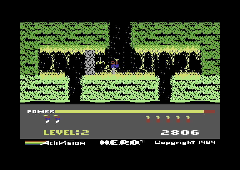 H.E.R.O. Commodore 64 Screenshot: Watch out for spiders and brick walls!