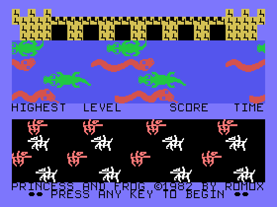 Princess and Frog TI-99/4A Screenshot: Title screen and game demo mode.
