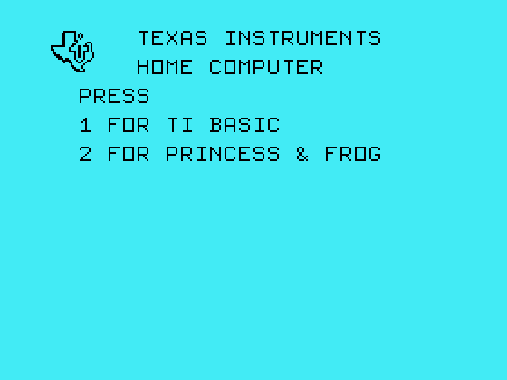 Princess and Frog TI-99/4A Screenshot: TI-99/4A main menu.