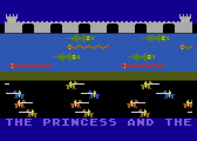 Princess and Frog Atari 8-bit Screenshot: Title screen. The game title and copyright information scroll along the bottom.