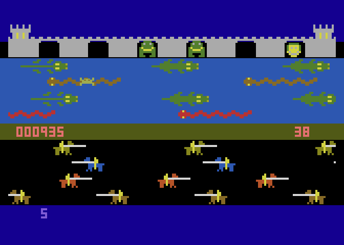 Princess and Frog Atari 8-bit Screenshot: Riding a sea serpent...almost there!