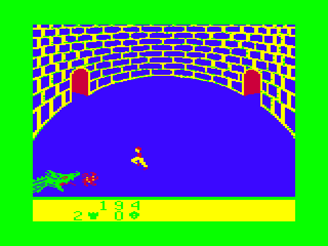 Dragonfire TRS-80 Color Computer Screenshot: Time to get out of here! Dodge the fireballs...