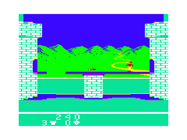 Dragonfire TRS-80 Color Computer Screenshot: Don't fall through the gap in the bridge on this level!