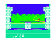 Dragonfire for TRS-80 Color Computer - Don't fall through the gap in the bridge on this level!