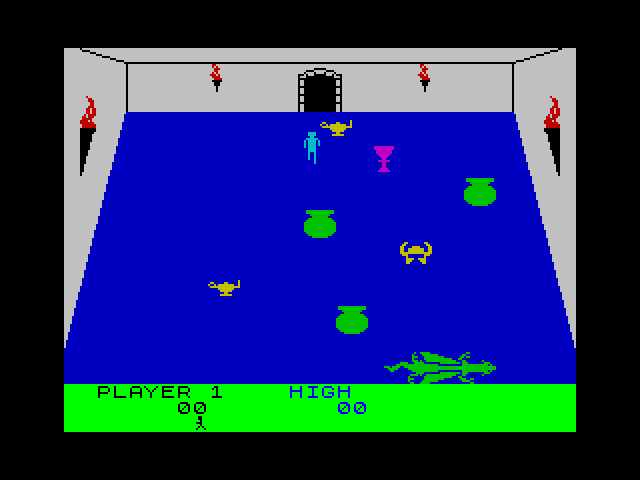 Dragonfire ZX Spectrum Screenshot: Grab some treasures before the dragon gets you!