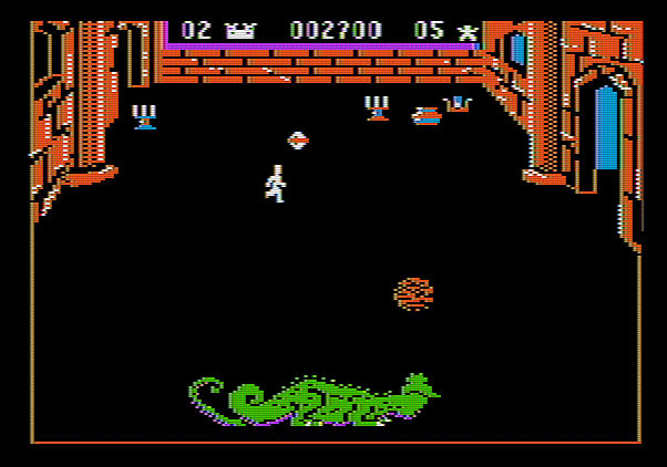 Dragonfire Apple II Screenshot: Don't get hit by dragonfire when collecting the treasure!