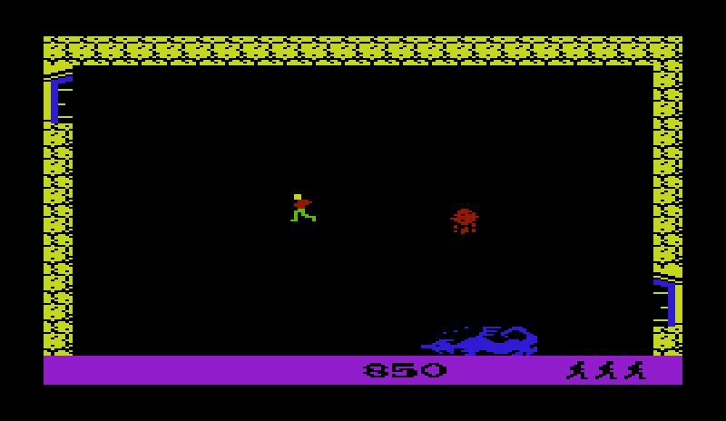 Dragonfire Commodore VIC-20 Screenshot: Once all of the treasures are collected you can exit via the door in the upper left.