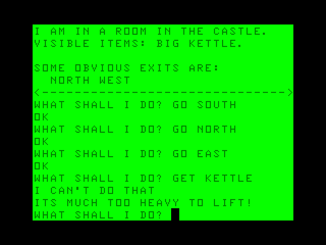 Voodoo Castle TRS-80 Color Computer Screenshot: The kettle is too heavy to carry!