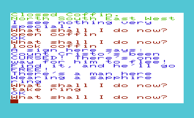 Voodoo Castle Commodore VIC-20 Screenshot: Exploring the area...