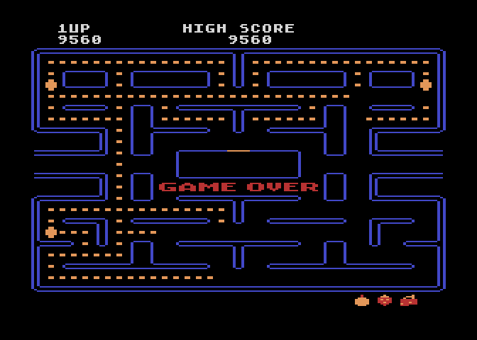 Pac-Man Atari 8-bit Screenshot: Game over.