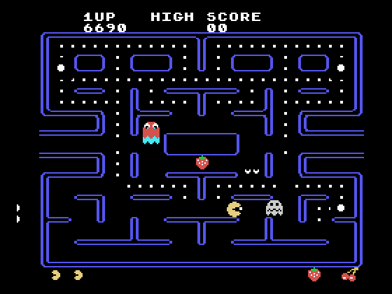 Pac-Man TI-99/4A Screenshot: When the ghosts flash white they are about to change back to their normal form...