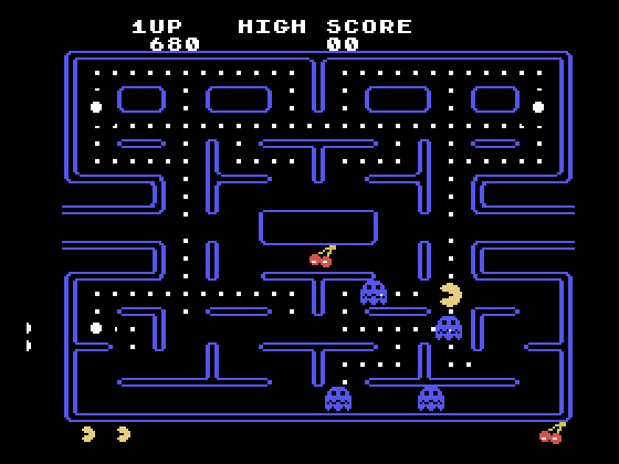 Pac-Man TI-99/4A Screenshot: Eat the ghosts when they are blue for bonus points...