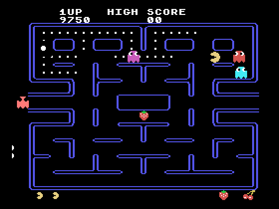 Pac-Man TI-99/4A Screenshot: Only a few dots left!