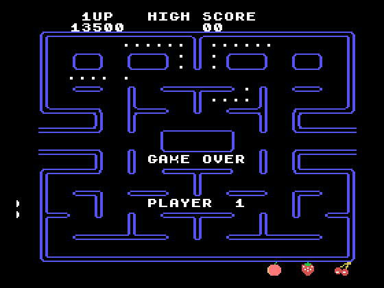 Pac-Man TI-99/4A Screenshot: Game over.