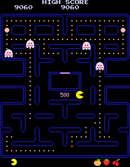 Pac-Man Arcade Screenshot: When the ghosts change white they are about to change back to normal...