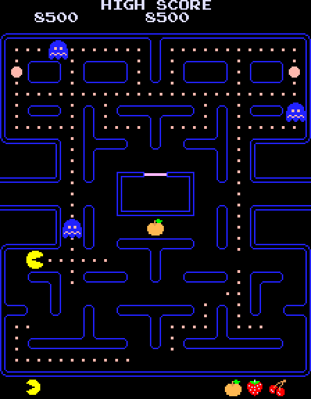 Pac-Man Arcade Screenshot: The ghosts don't stay blue for as long on later levels.