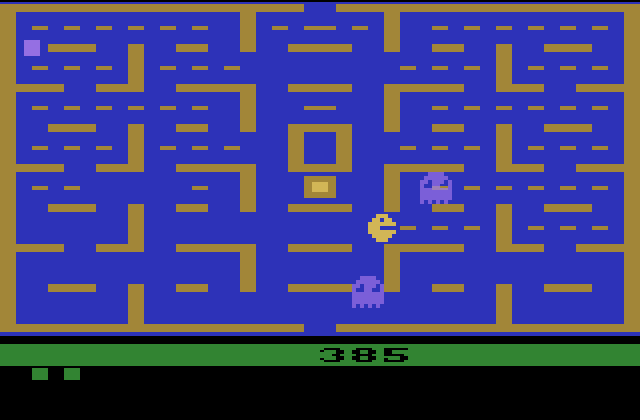 Pac-Man Atari 2600 Screenshot: That box near the middle is the Atari 2600 version of the fruit; eat it for bonus points!