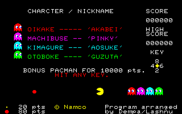 Pac-Man Fujitsu FM-7 Screenshot: Title screen.
