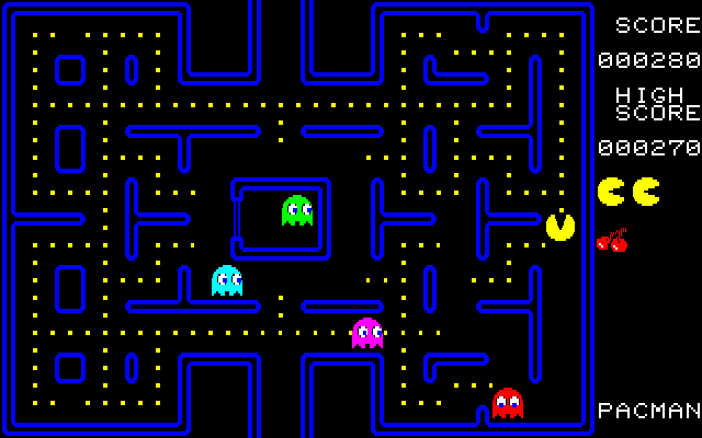Pac-Man Fujitsu FM-7 Screenshot: Munching on dots...