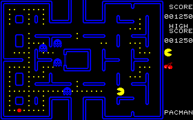 Pac-Man Fujitsu FM-7 Screenshot: You can eat the ghosts when they are blue...