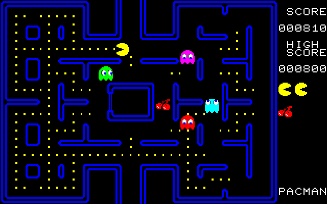 Pac-Man Fujitsu FM-7 Screenshot: Eat the fruit for bonus points!