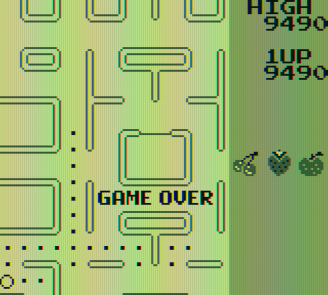 Pac-Man Game Boy Screenshot: Game over.