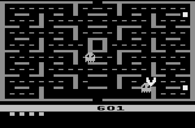 Pac-Man Atari 2600 Screenshot: Oh no, a ghost caught me!