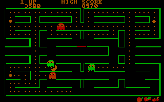 Pac-Man IBM PC/Compatibles Screenshot: Pac-Man is caught by a ghost.