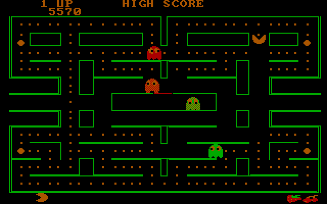 Pac-Man IBM PC/Compatibles Screenshot: Gameplay; Pac-Man eating dots.