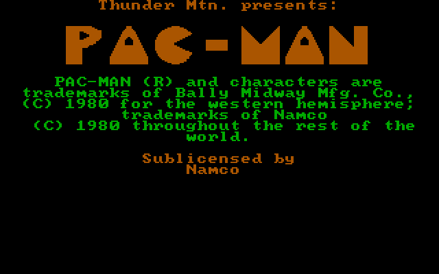 Pac-Man IBM PC/Compatibles Screenshot: Title screen (Thunder Mountain release).