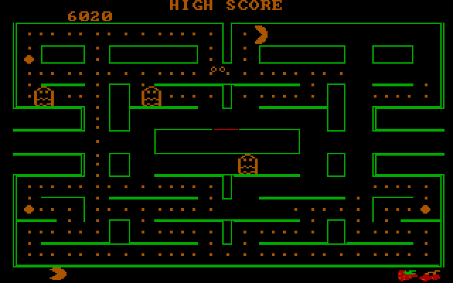 Pac-Man IBM PC/Compatibles Screenshot: After eating a power pellet Pac-Man can eat the ghosts.