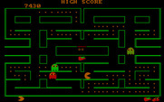 Pac-Man for IBM PC/Compatibles - Eat the fruit in the middle for bonus points.