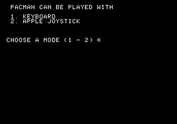 Pac-Man Apple II Screenshot: Play the game with a joystick or the keyboard?