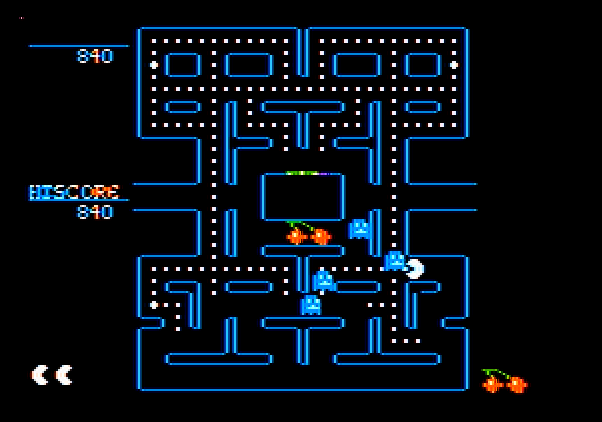 Pac-Man Apple II Screenshot: You can chase ghosts when they are blue.