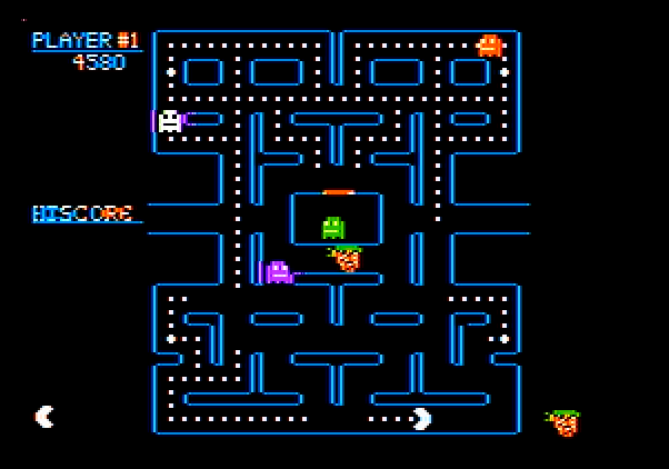 Pac-Man Apple II Screenshot: Get the fruit for bonus points!
