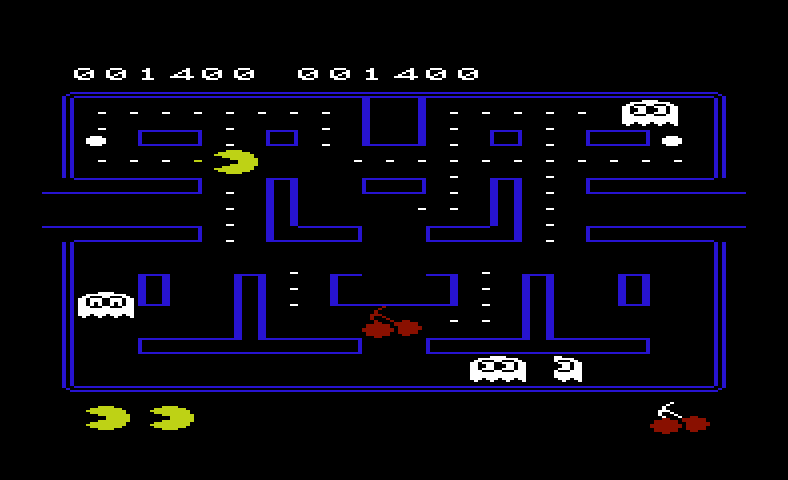 Pac-Man Commodore VIC-20 Screenshot: You can eat the ghosts when they are blue, but when they flash white they are about to change back.