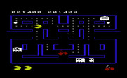 Pac-Man for Commodore VIC-20 - You can eat the ghosts when they are blue, but when they flash white they are about to change back.