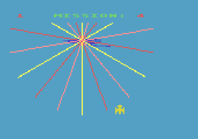 Gorf Atari 5200 Screenshot: Flag ship destroyed! The screen rapidly flashes different colors.